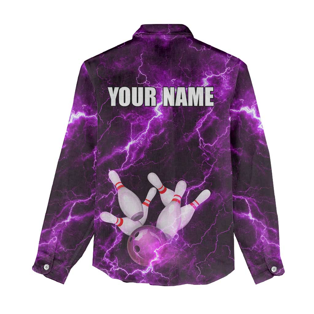 Bowling Ball and Pins Women Casual Shirt Purple Lightning Background and Custom Name Design - Wonder Print Shop