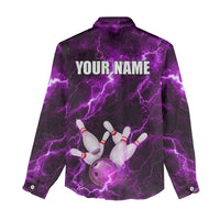 Bowling Ball and Pins Women Casual Shirt Purple Lightning Background and Custom Name Design - Wonder Print Shop