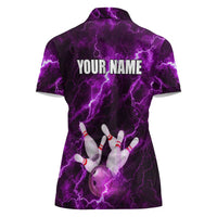 Bowling Ball and Pins Women Polo Shirt Purple Lightning Background and Custom Name Design - Wonder Print Shop