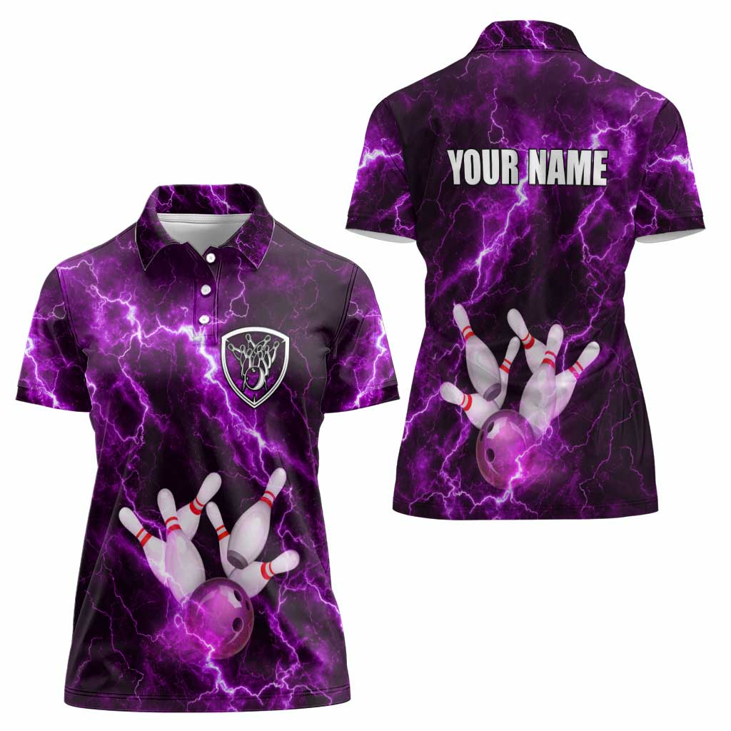 Bowling Ball and Pins Women Polo Shirt Purple Lightning Background and Custom Name Design - Wonder Print Shop