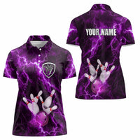 Bowling Ball and Pins Women Polo Shirt Purple Lightning Background and Custom Name Design - Wonder Print Shop