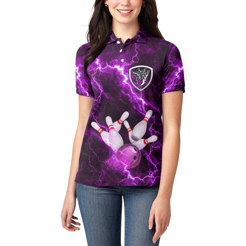 Bowling Ball and Pins Women Polo Shirt Purple Lightning Background and Custom Name Design - Wonder Print Shop