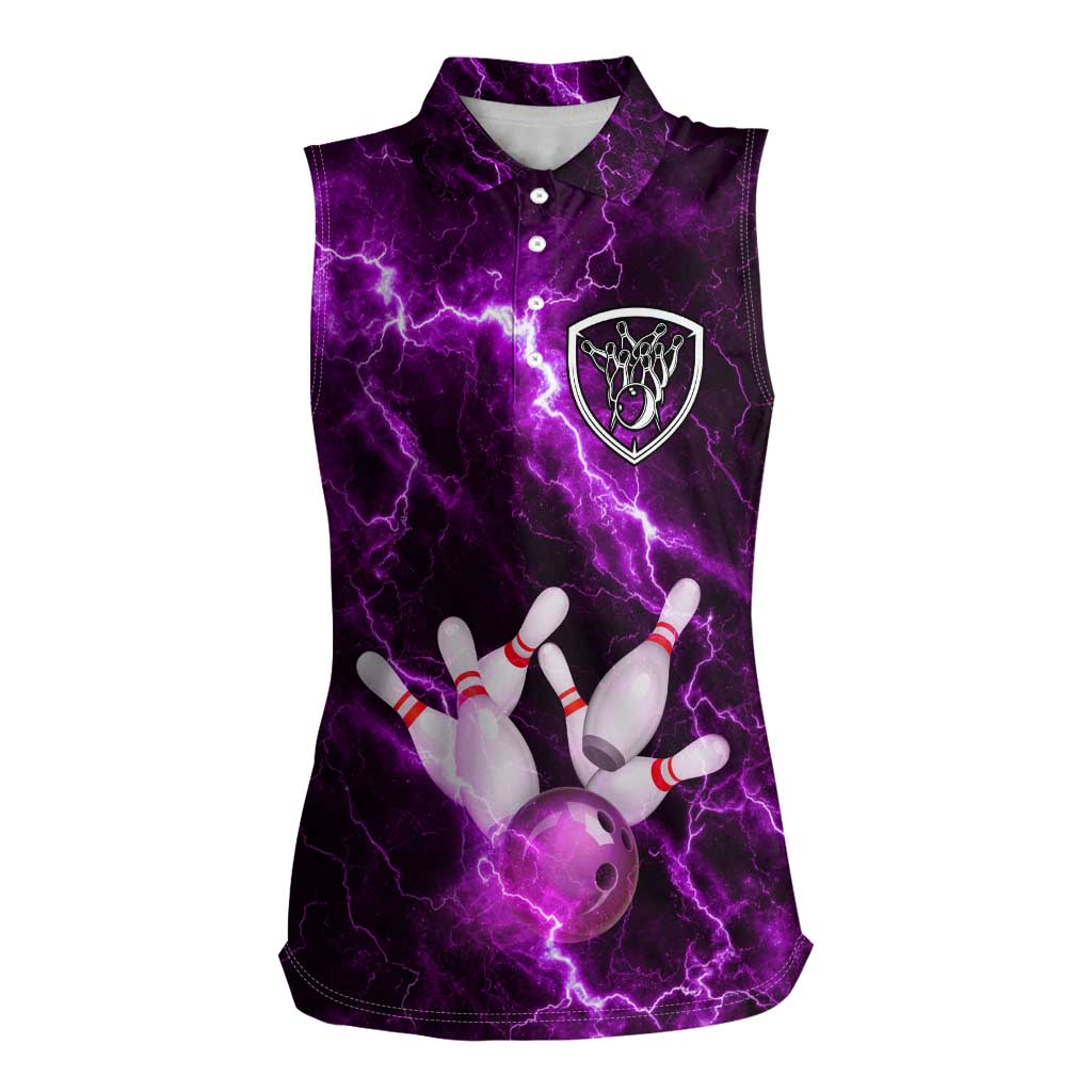 Bowling Ball and Pins Women Sleeveless Polo Shirt Purple Lightning Background and Custom Name Design - Wonder Print Shop
