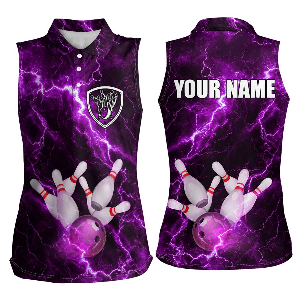 Bowling Ball and Pins Women Sleeveless Polo Shirt Purple Lightning Background and Custom Name Design - Wonder Print Shop