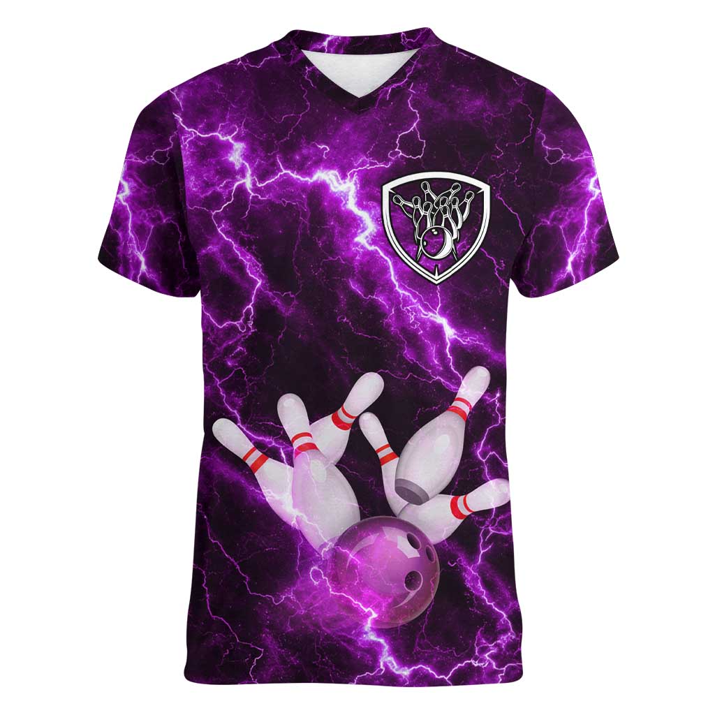 Bowling Ball and Pins Women V-Neck T-Shirt Purple Lightning Background and Custom Name Design - Wonder Print Shop