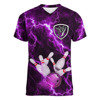 Bowling Ball and Pins Women V-Neck T-Shirt Purple Lightning Background and Custom Name Design - Wonder Print Shop