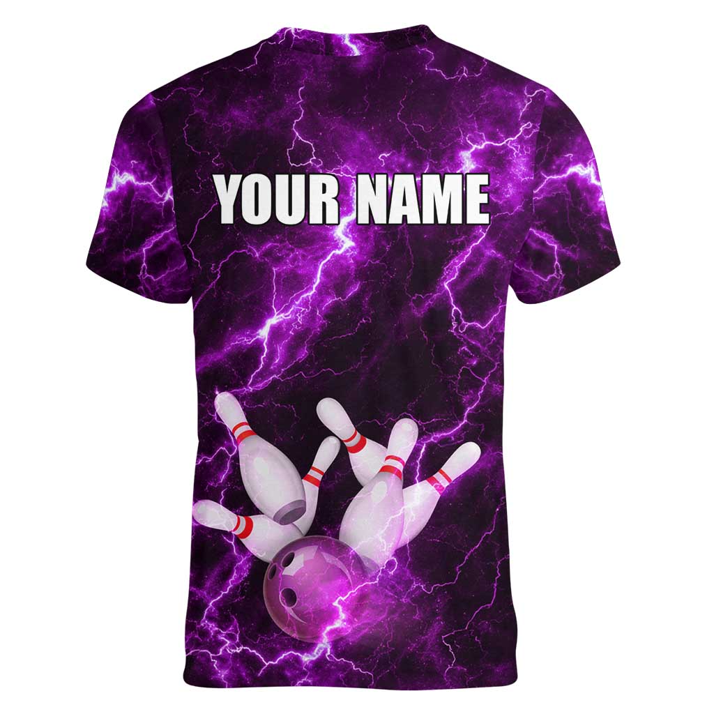 Bowling Ball and Pins Women V-Neck T-Shirt Purple Lightning Background and Custom Name Design - Wonder Print Shop