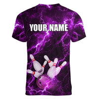 Bowling Ball and Pins Women V-Neck T-Shirt Purple Lightning Background and Custom Name Design - Wonder Print Shop