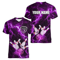 Bowling Ball and Pins Women V-Neck T-Shirt Purple Lightning Background and Custom Name Design - Wonder Print Shop