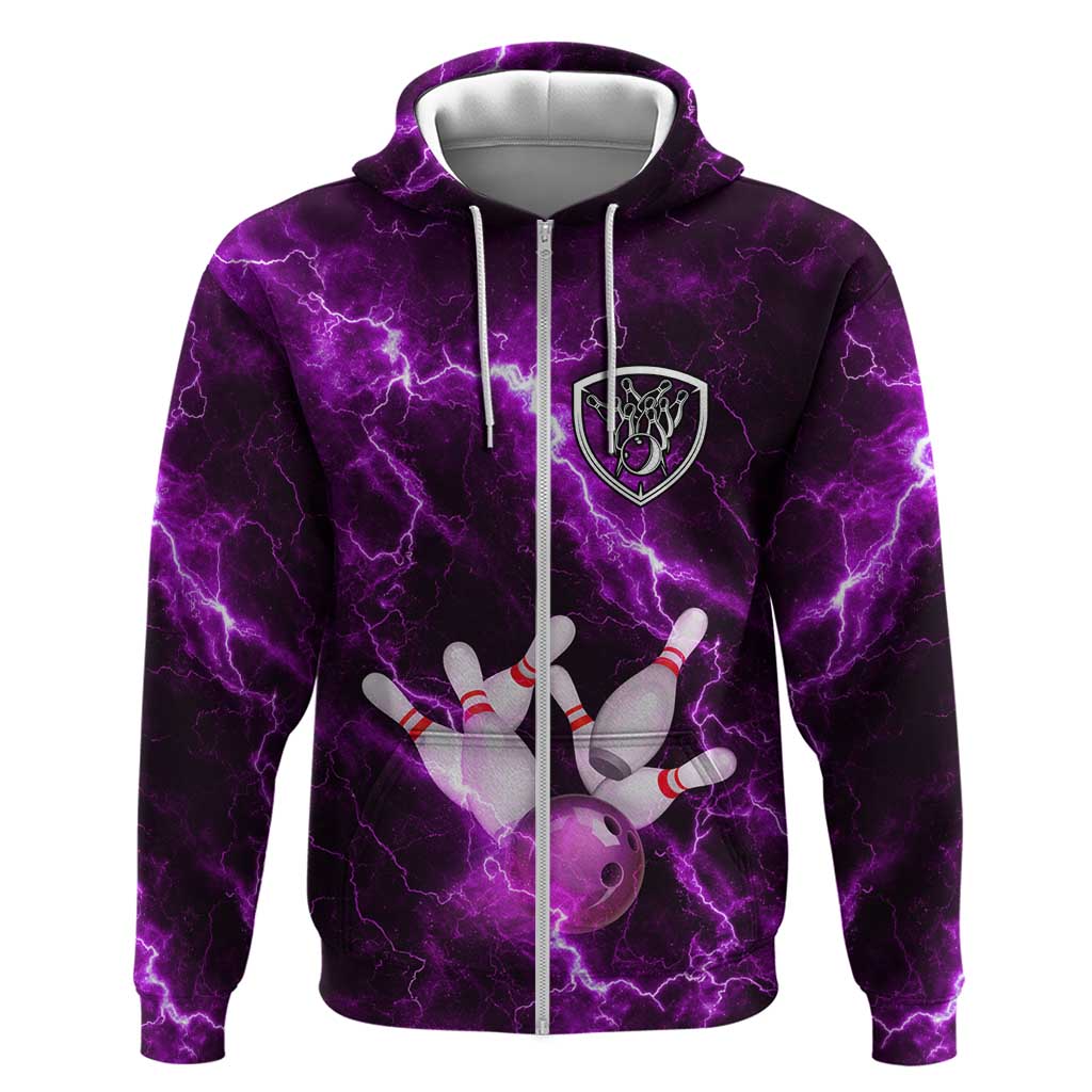 Bowling Ball and Pins Zip Hoodie Purple Lightning Background and Custom Name Design - Wonder Print Shop