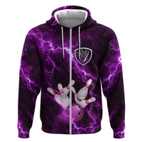 Bowling Ball and Pins Zip Hoodie Purple Lightning Background and Custom Name Design - Wonder Print Shop