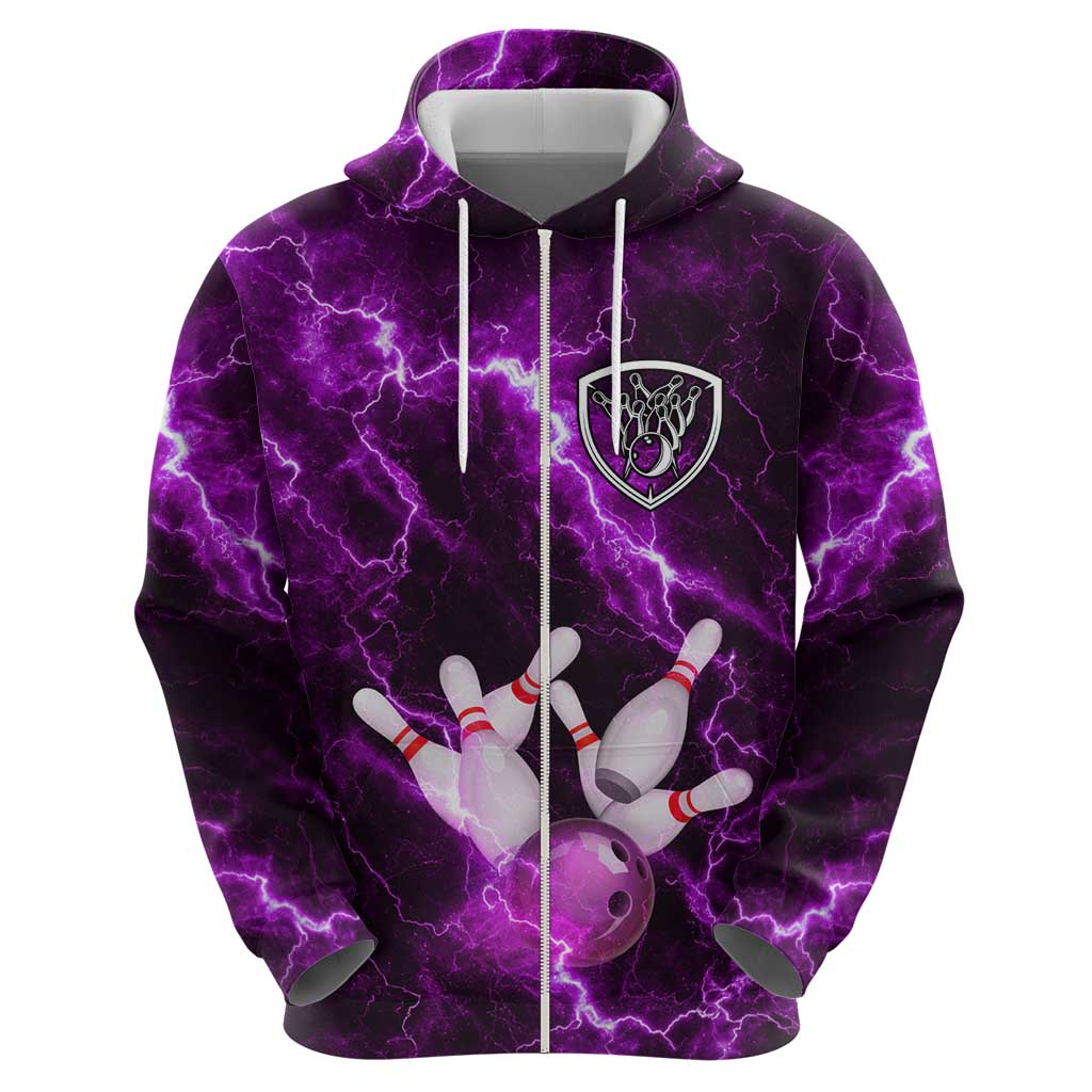 Bowling Ball and Pins Zip Hoodie Purple Lightning Background and Custom Name Design - Wonder Print Shop