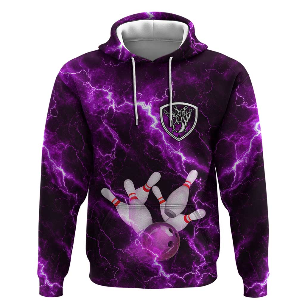 Bowling Ball and Pins Zip Hoodie Purple Lightning Background and Custom Name Design - Wonder Print Shop