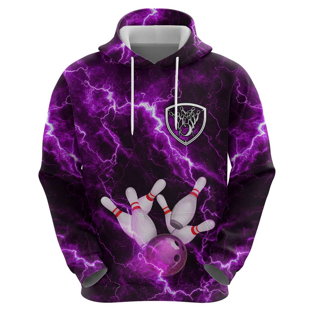 Bowling Ball and Pins Zip Hoodie Purple Lightning Background and Custom Name Design - Wonder Print Shop