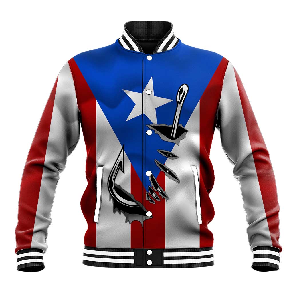 Puerto Rico Fishing Baseball Jacket Fish Hook Flag PR Custom Name - Wonder Print Shop