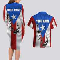 Puerto Rico Fishing Couples Matching Long Sleeve Bodycon Dress and Hawaiian Shirt Fish Hook Flag PR Custom Name - Wonder Print Shop