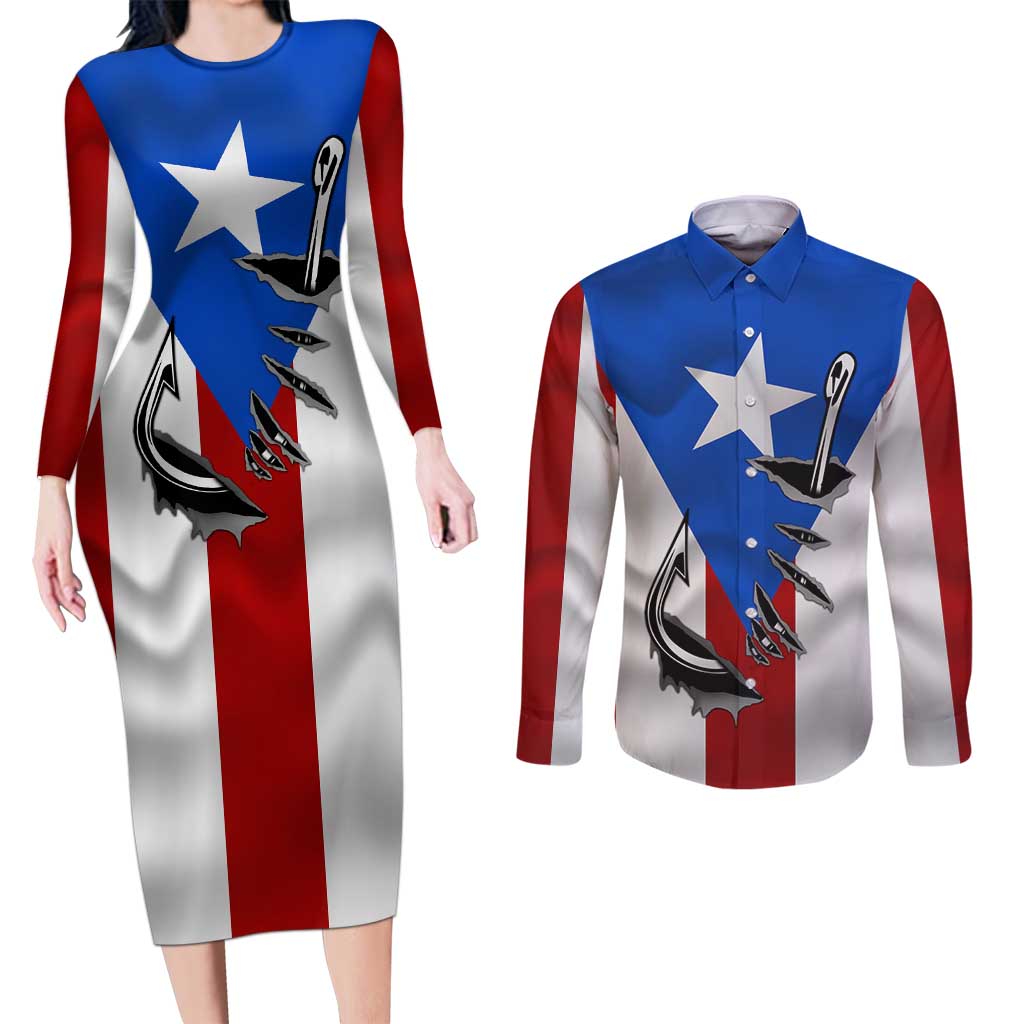 Puerto Rico Fishing Couples Matching Long Sleeve Bodycon Dress and Long Sleeve Button Shirt Fish Hook Flag PR Custom Name - Wonder Print Shop