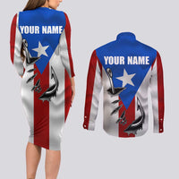 Puerto Rico Fishing Couples Matching Long Sleeve Bodycon Dress and Long Sleeve Button Shirt Fish Hook Flag PR Custom Name - Wonder Print Shop