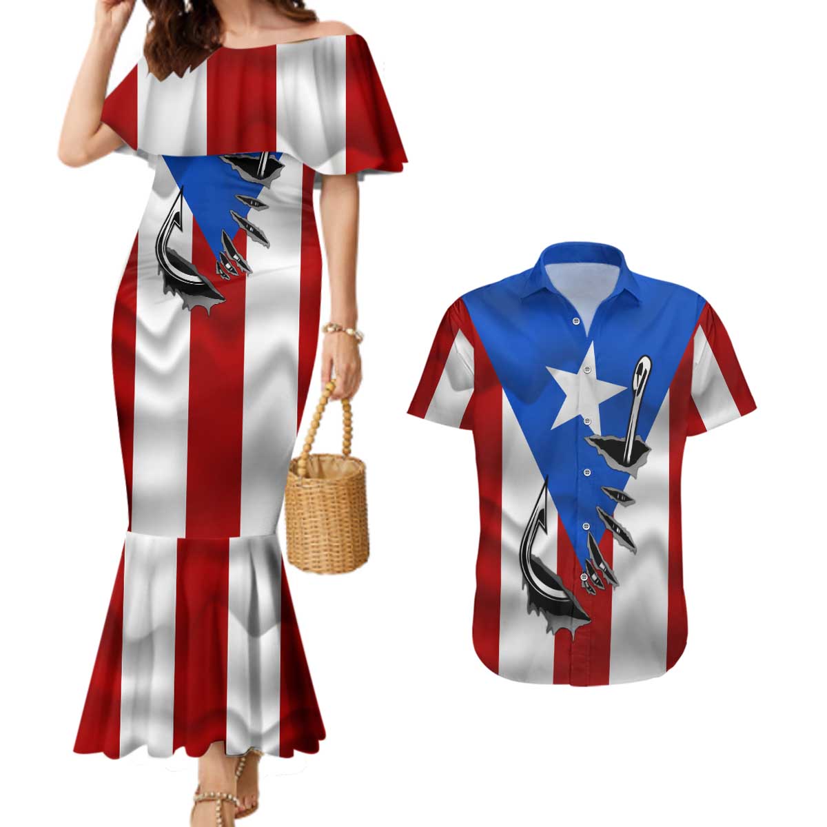 Puerto Rico Fishing Couples Matching Mermaid Dress and Hawaiian Shirt Fish Hook Flag PR Custom Name - Wonder Print Shop