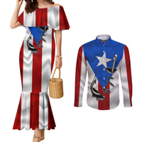 Puerto Rico Fishing Couples Matching Mermaid Dress and Long Sleeve Button Shirt Fish Hook Flag PR Custom Name - Wonder Print Shop