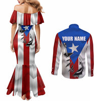Puerto Rico Fishing Couples Matching Mermaid Dress and Long Sleeve Button Shirt Fish Hook Flag PR Custom Name - Wonder Print Shop