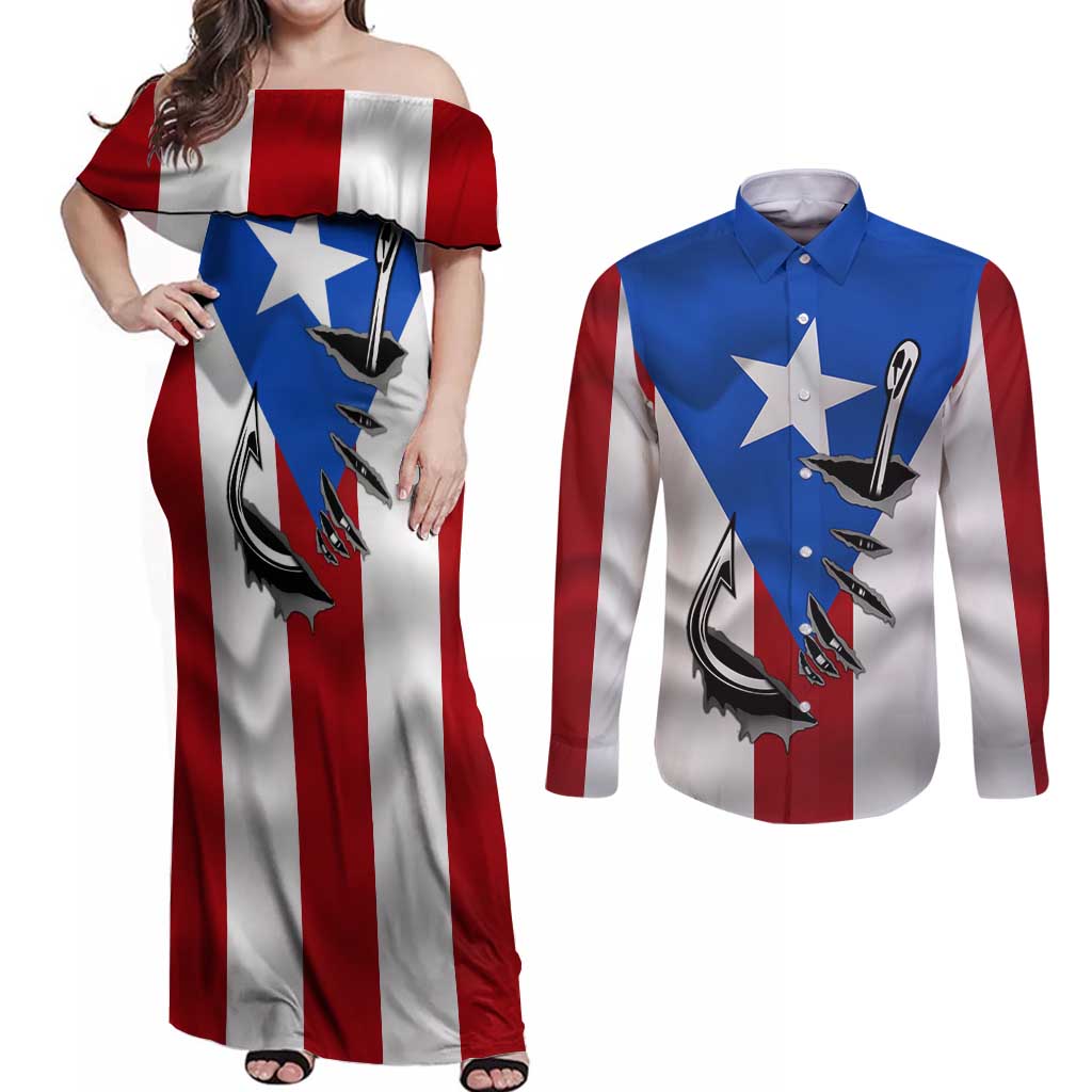 Puerto Rico Fishing Couples Matching Off Shoulder Maxi Dress and Long Sleeve Button Shirt Fish Hook Flag PR Custom Name - Wonder Print Shop