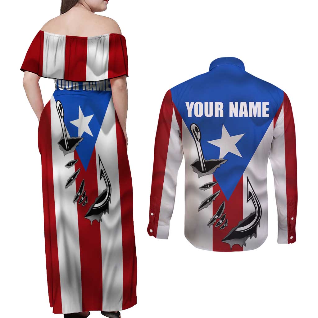 Puerto Rico Fishing Couples Matching Off Shoulder Maxi Dress and Long Sleeve Button Shirt Fish Hook Flag PR Custom Name - Wonder Print Shop