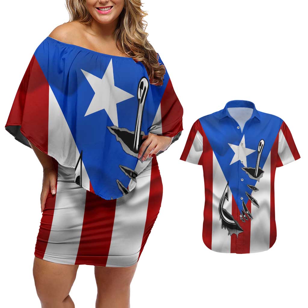 Puerto Rico Fishing Couples Matching Off Shoulder Short Dress and Hawaiian Shirt Fish Hook Flag PR Custom Name - Wonder Print Shop