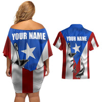 Puerto Rico Fishing Couples Matching Off Shoulder Short Dress and Hawaiian Shirt Fish Hook Flag PR Custom Name - Wonder Print Shop