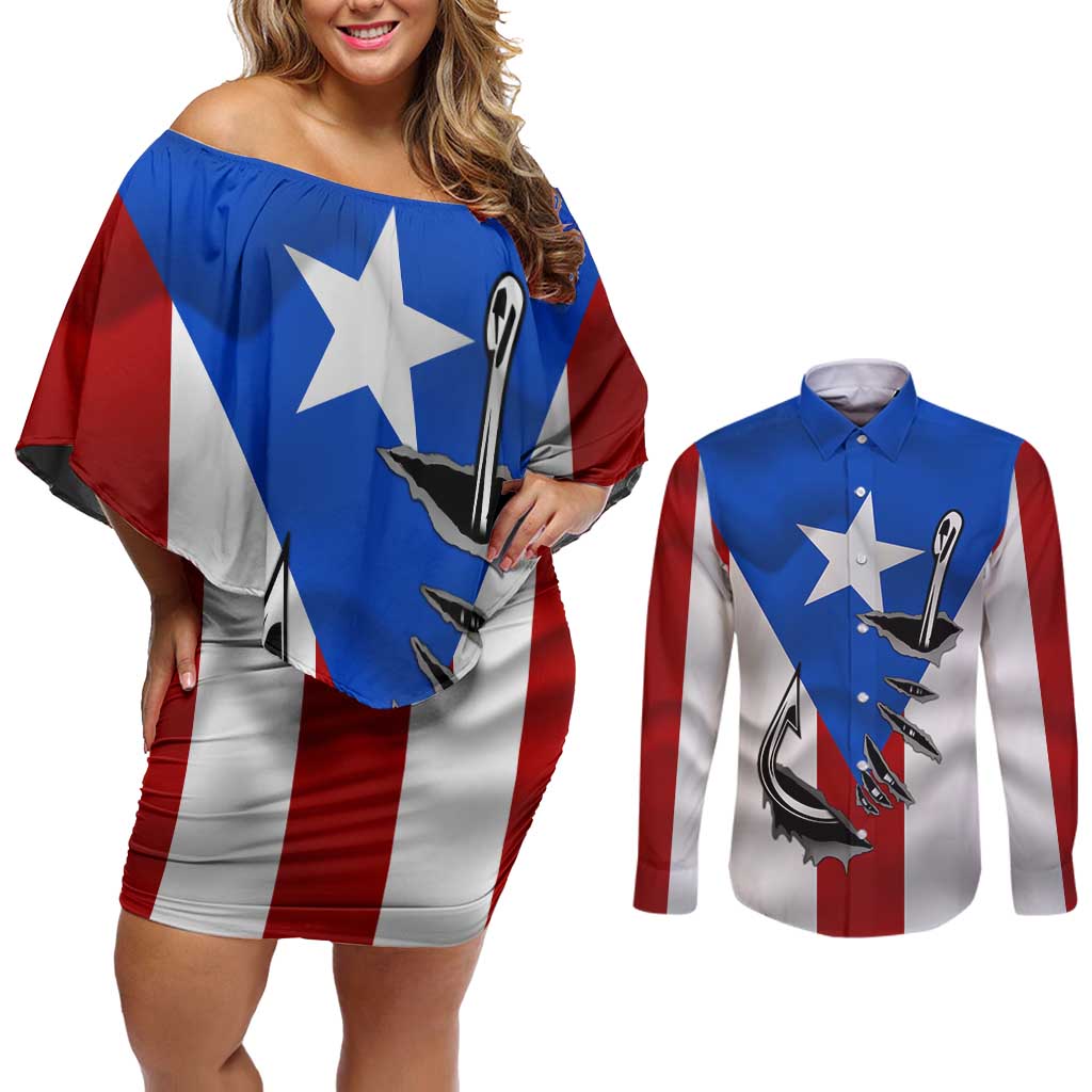 Puerto Rico Fishing Couples Matching Off Shoulder Short Dress and Long Sleeve Button Shirt Fish Hook Flag PR Custom Name - Wonder Print Shop