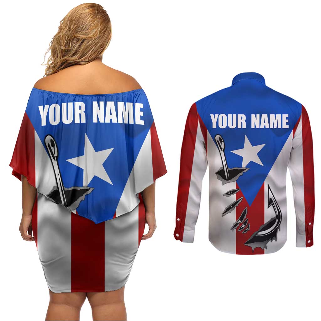 Puerto Rico Fishing Couples Matching Off Shoulder Short Dress and Long Sleeve Button Shirt Fish Hook Flag PR Custom Name - Wonder Print Shop