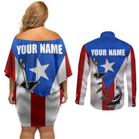 Puerto Rico Fishing Couples Matching Off Shoulder Short Dress and Long Sleeve Button Shirt Fish Hook Flag PR Custom Name - Wonder Print Shop