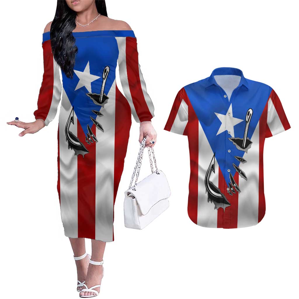Puerto Rico Fishing Couples Matching Off The Shoulder Long Sleeve Dress and Hawaiian Shirt Fish Hook Flag PR Custom Name - Wonder Print Shop
