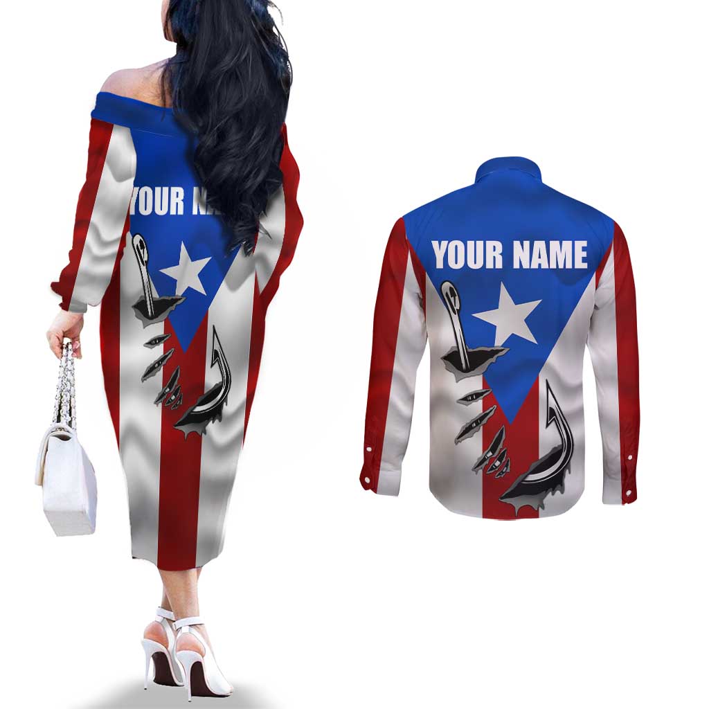 Puerto Rico Fishing Couples Matching Off The Shoulder Long Sleeve Dress and Long Sleeve Button Shirt Fish Hook Flag PR Custom Name - Wonder Print Shop