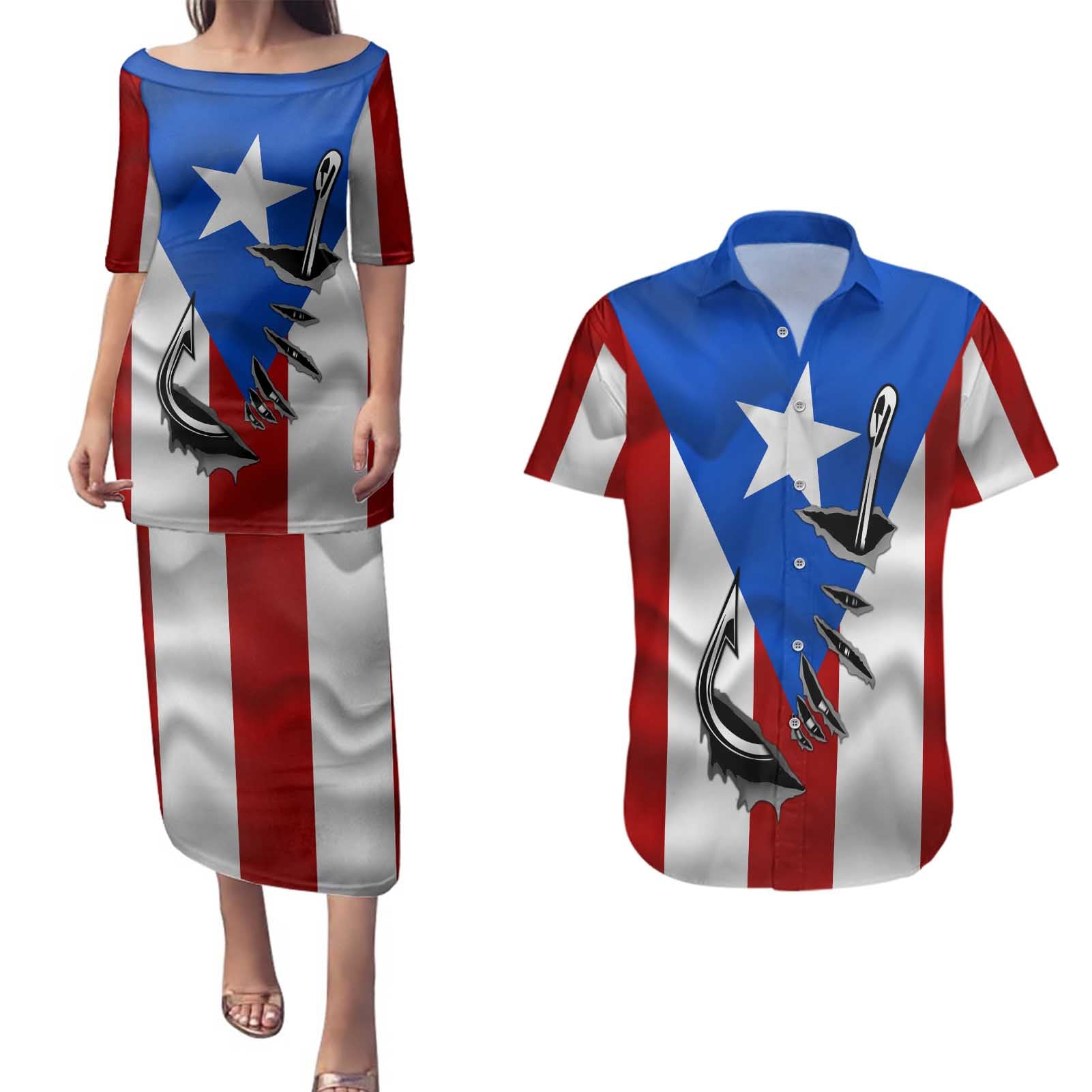 Puerto Rico Fishing Couples Matching Puletasi and Hawaiian Shirt Fish Hook Flag PR Custom Name - Wonder Print Shop