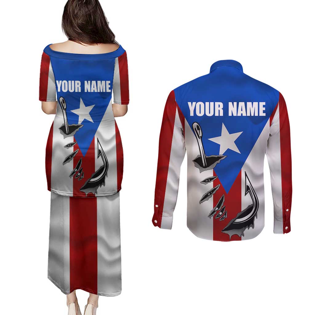 Puerto Rico Fishing Couples Matching Puletasi and Long Sleeve Button Shirt Fish Hook Flag PR Custom Name - Wonder Print Shop