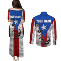 Puerto Rico Fishing Couples Matching Puletasi and Long Sleeve Button Shirt Fish Hook Flag PR Custom Name - Wonder Print Shop