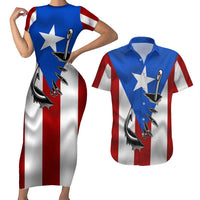 Puerto Rico Fishing Couples Matching Short Sleeve Bodycon Dress and Hawaiian Shirt Fish Hook Flag PR Custom Name - Wonder Print Shop