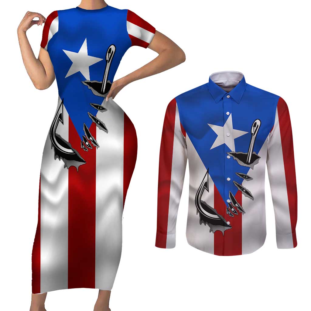 Puerto Rico Fishing Couples Matching Short Sleeve Bodycon Dress and Long Sleeve Button Shirt Fish Hook Flag PR Custom Name - Wonder Print Shop