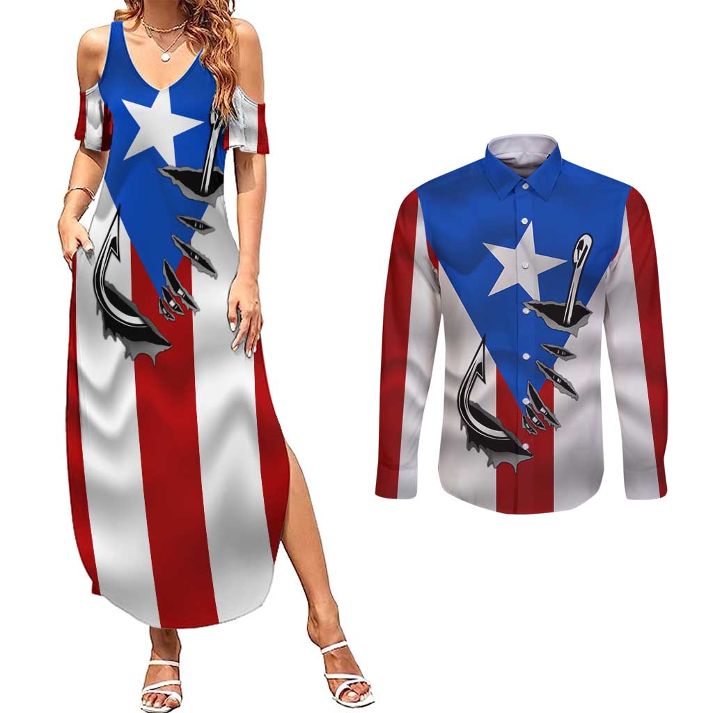 Puerto Rico Fishing Couples Matching Summer Maxi Dress and Long Sleeve Button Shirt Fish Hook Flag PR Custom Name - Wonder Print Shop