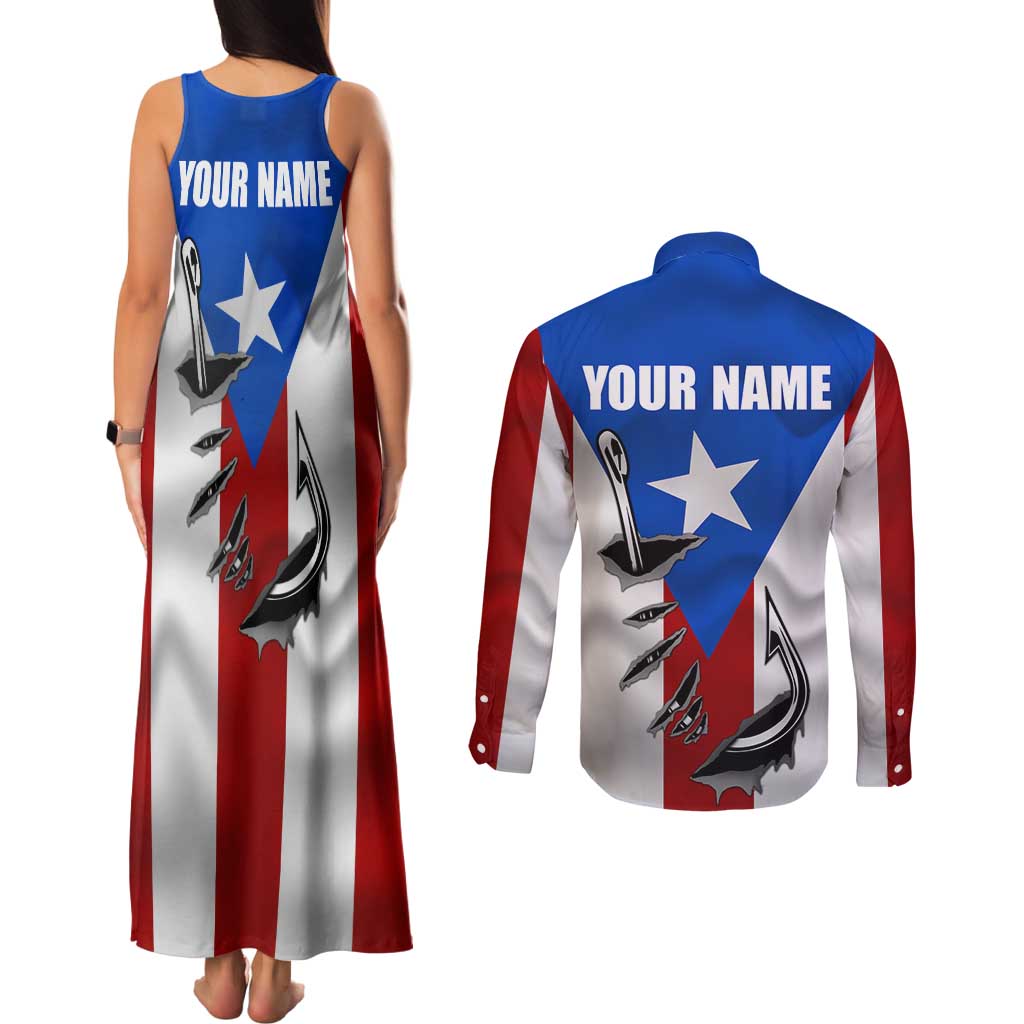 Puerto Rico Fishing Couples Matching Tank Maxi Dress and Long Sleeve Button Shirt Fish Hook Flag PR Custom Name - Wonder Print Shop