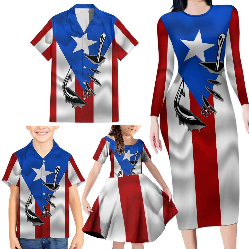 Puerto Rico Fishing Family Matching Long Sleeve Bodycon Dress and Hawaiian Shirt Fish Hook Flag PR Custom Name - Wonder Print Shop