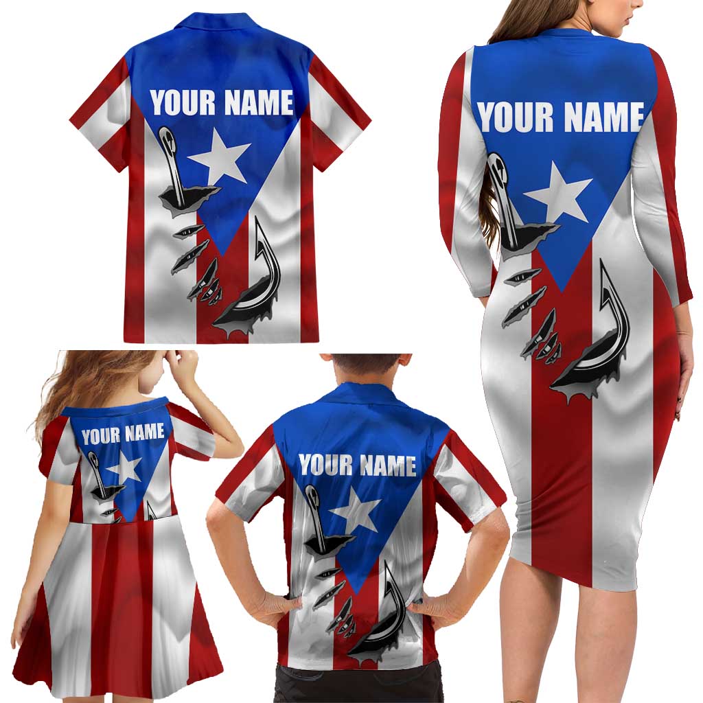 Puerto Rico Fishing Family Matching Long Sleeve Bodycon Dress and Hawaiian Shirt Fish Hook Flag PR Custom Name - Wonder Print Shop