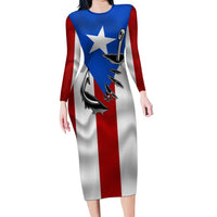 Puerto Rico Fishing Family Matching Long Sleeve Bodycon Dress and Hawaiian Shirt Fish Hook Flag PR Custom Name - Wonder Print Shop