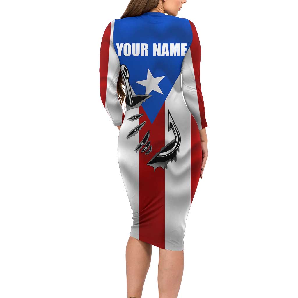 Puerto Rico Fishing Family Matching Long Sleeve Bodycon Dress and Hawaiian Shirt Fish Hook Flag PR Custom Name - Wonder Print Shop