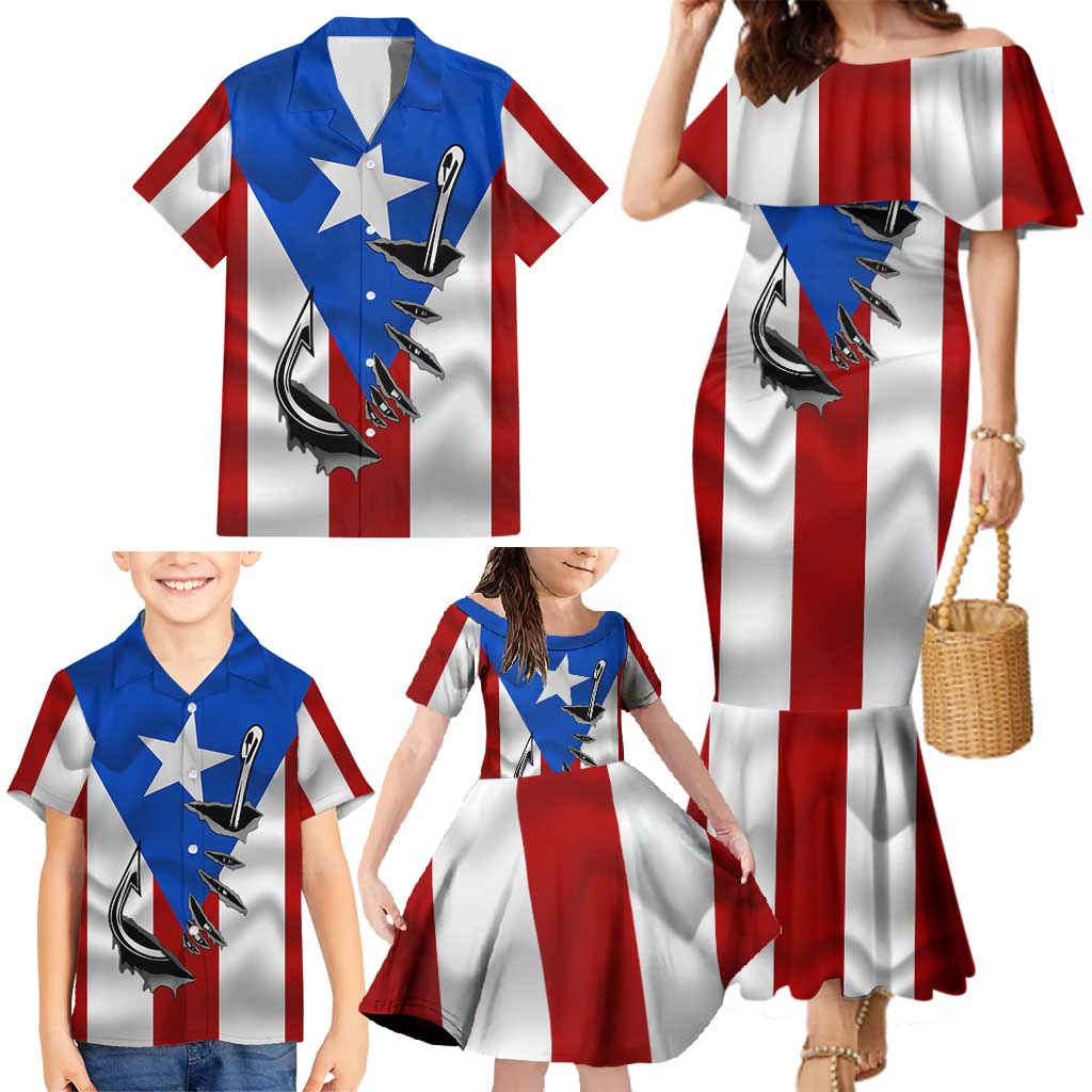 Puerto Rico Fishing Family Matching Mermaid Dress and Hawaiian Shirt Fish Hook Flag PR Custom Name - Wonder Print Shop