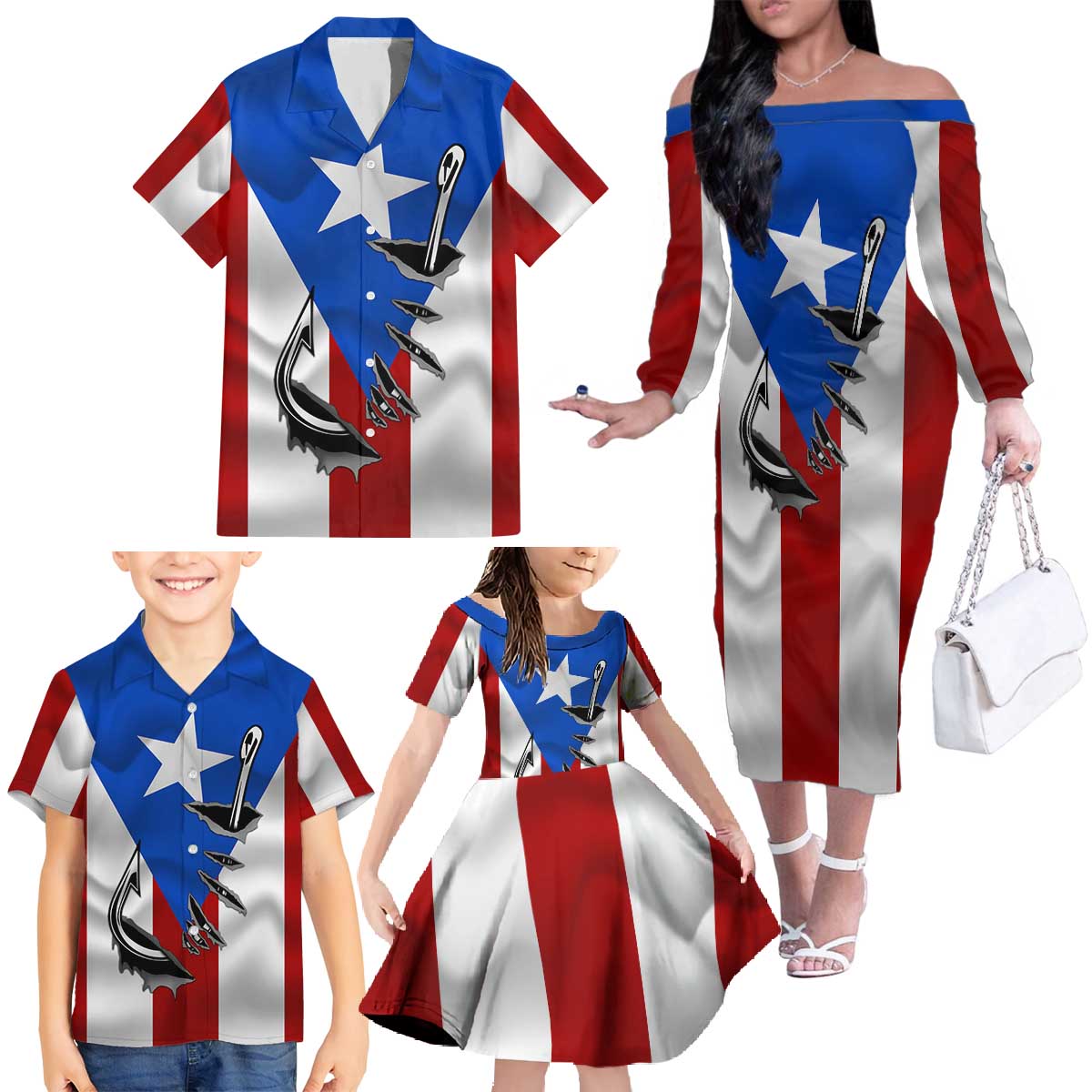 Puerto Rico Fishing Family Matching Off The Shoulder Long Sleeve Dress and Hawaiian Shirt Fish Hook Flag PR Custom Name - Wonder Print Shop