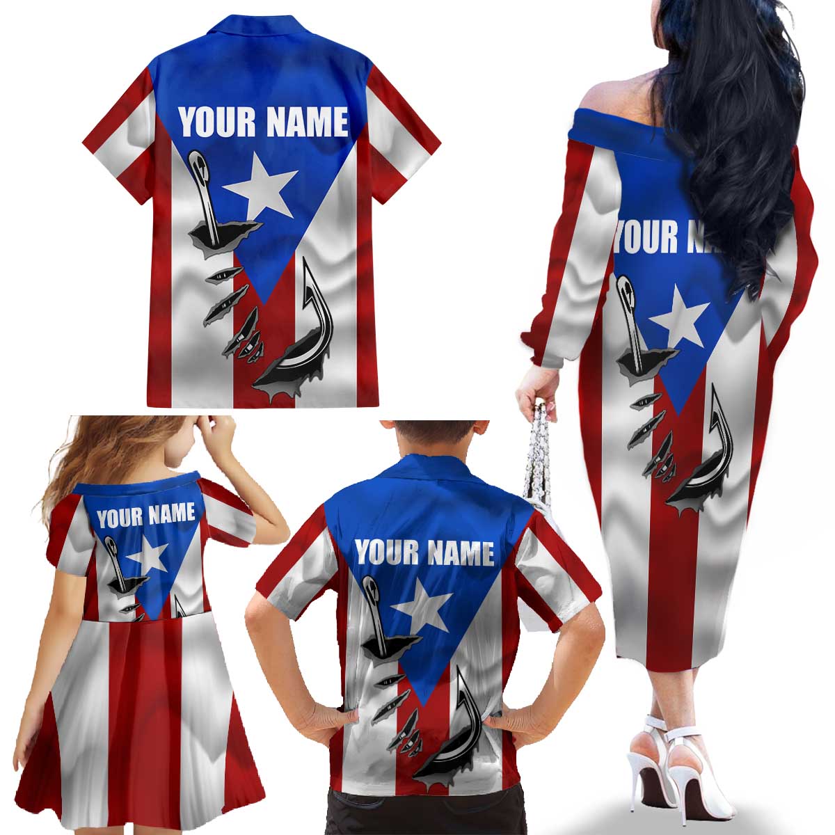 Puerto Rico Fishing Family Matching Off The Shoulder Long Sleeve Dress and Hawaiian Shirt Fish Hook Flag PR Custom Name - Wonder Print Shop