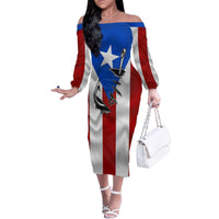 Puerto Rico Fishing Family Matching Off The Shoulder Long Sleeve Dress and Hawaiian Shirt Fish Hook Flag PR Custom Name - Wonder Print Shop
