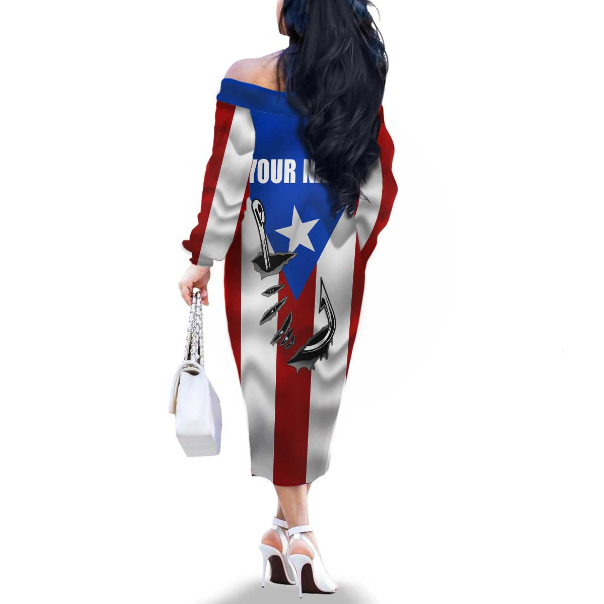 Puerto Rico Fishing Family Matching Off The Shoulder Long Sleeve Dress and Hawaiian Shirt Fish Hook Flag PR Custom Name - Wonder Print Shop